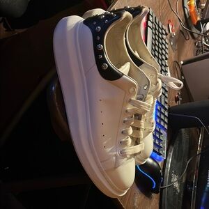 White Sneakers with Black Studded Heel